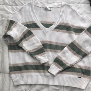Hollister striped vneck sweater. Green tan and white.